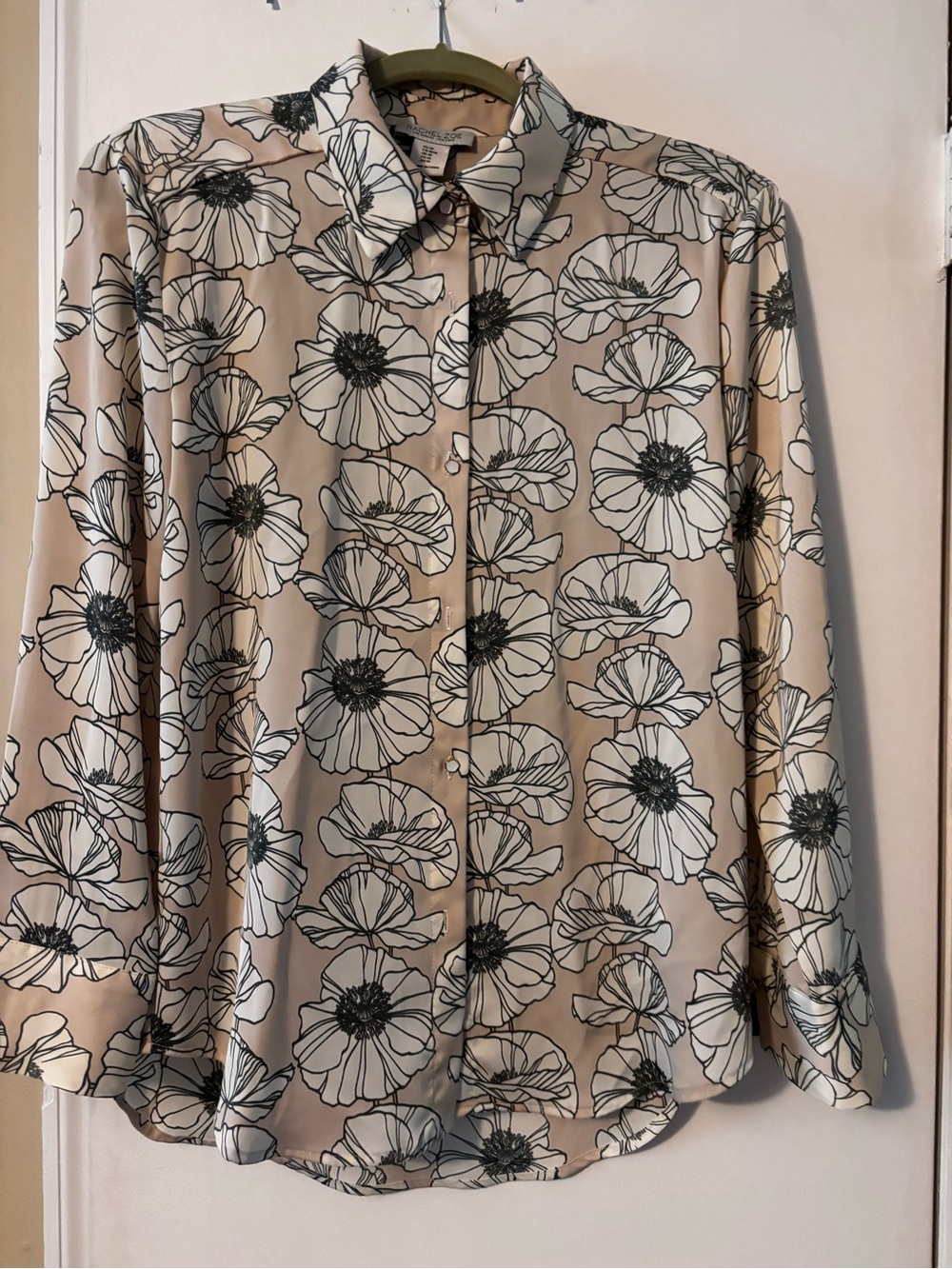Rachel Zoe Women's Beige Floral Button-Down Shirt with White and Black Print